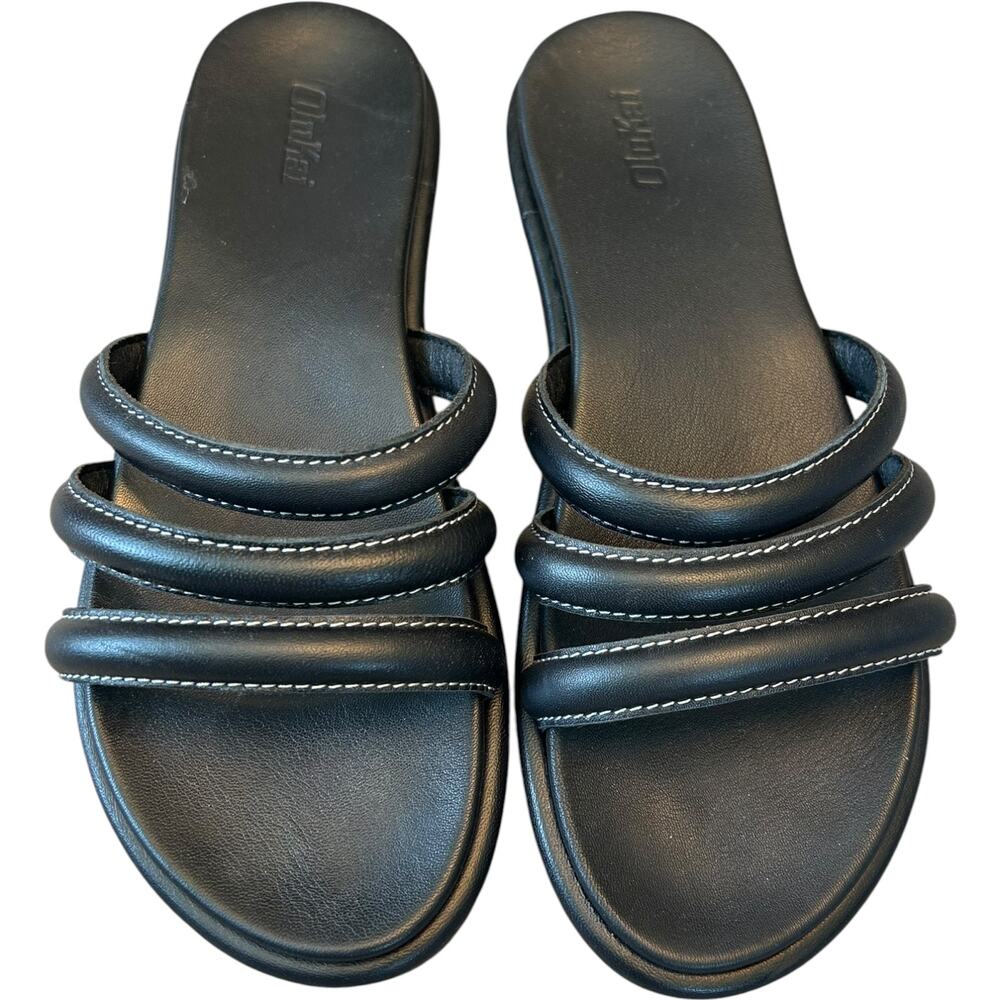 NEW OLUKAI Black Tiare $140 Strappy Leather Slide Sandals Women‘s US Size 8